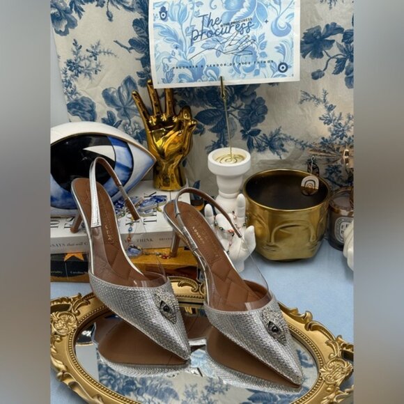 🆕 KURT GEIGER LONDON 🧿 NWOB Belgravia Vinyl 65 Slingback Heels, Silver, Sz 7.5 - Picture 3 of 14